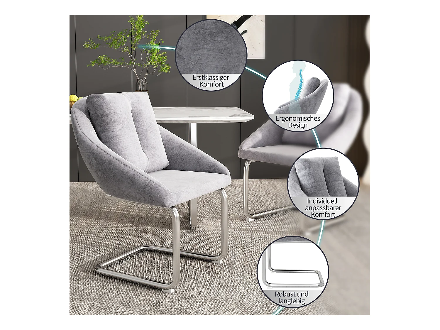 Conjunto de 2 cadeiras de veludo - 82 x 57 x 54 cm - com almofadas - Cadeira giratória de luxo para sala de estar e quarto - Pernas arqueadas - Cinza