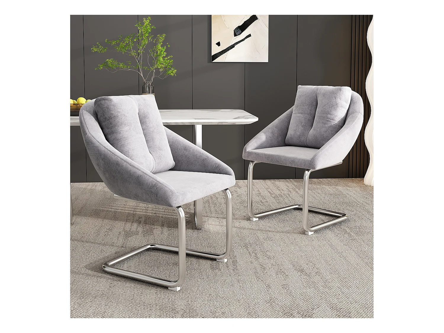 Lot de 2 Chaises de en velours - 82 x 57 x 54 cm - avec coussins - pivotante de luxe pour salon et chambre - pieds arqués - gris