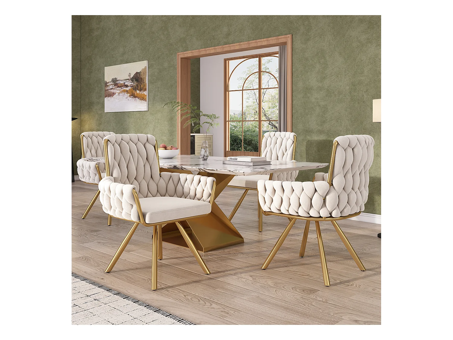 Lot de 4 Chaises pivotante en velours - 87 x 50 x 55 cm - fauteuil avec quatre pieds en métal - beige