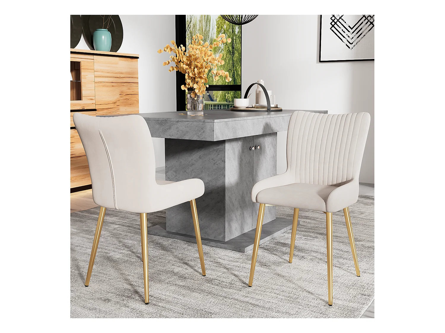 Set van 2 fluwelen eetkamerstoelen - 85 x 58 x 47 cm - luxe woonkamerstoel - vier gouden metalen poten - beige