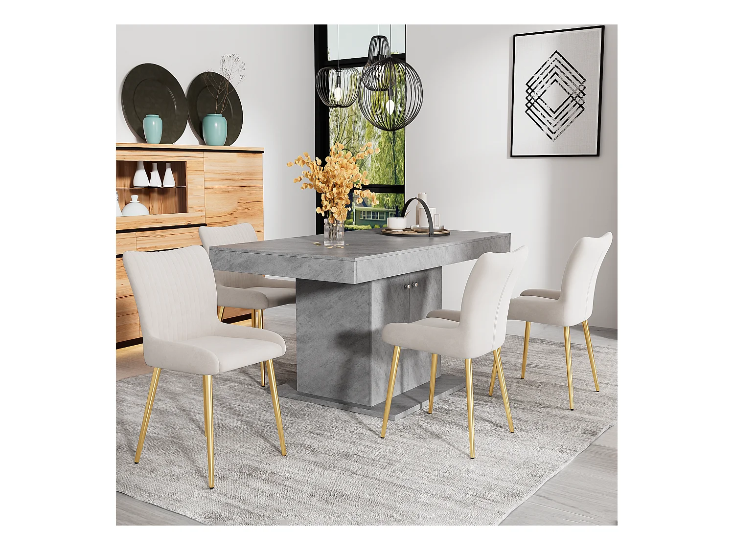 Set van 2 fluwelen eetkamerstoelen - 85 x 58 x 47 cm - luxe woonkamerstoel - vier gouden metalen poten - beige