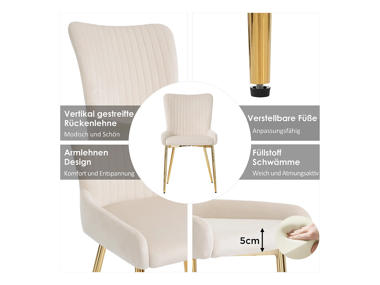 Set van 2 fluwelen eetkamerstoelen - 85 x 58 x 47 cm - luxe woonkamerstoel - vier gouden metalen poten - beige