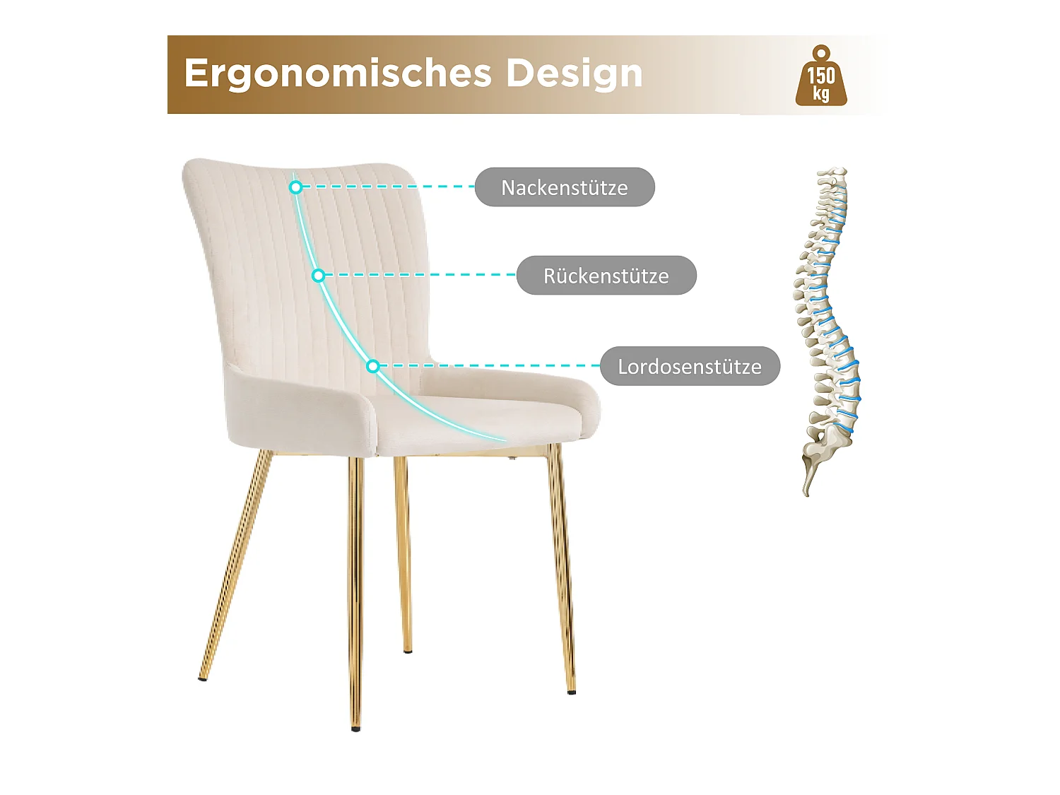 Set van 2 fluwelen eetkamerstoelen - 85 x 58 x 47 cm - luxe woonkamerstoel - vier gouden metalen poten - beige