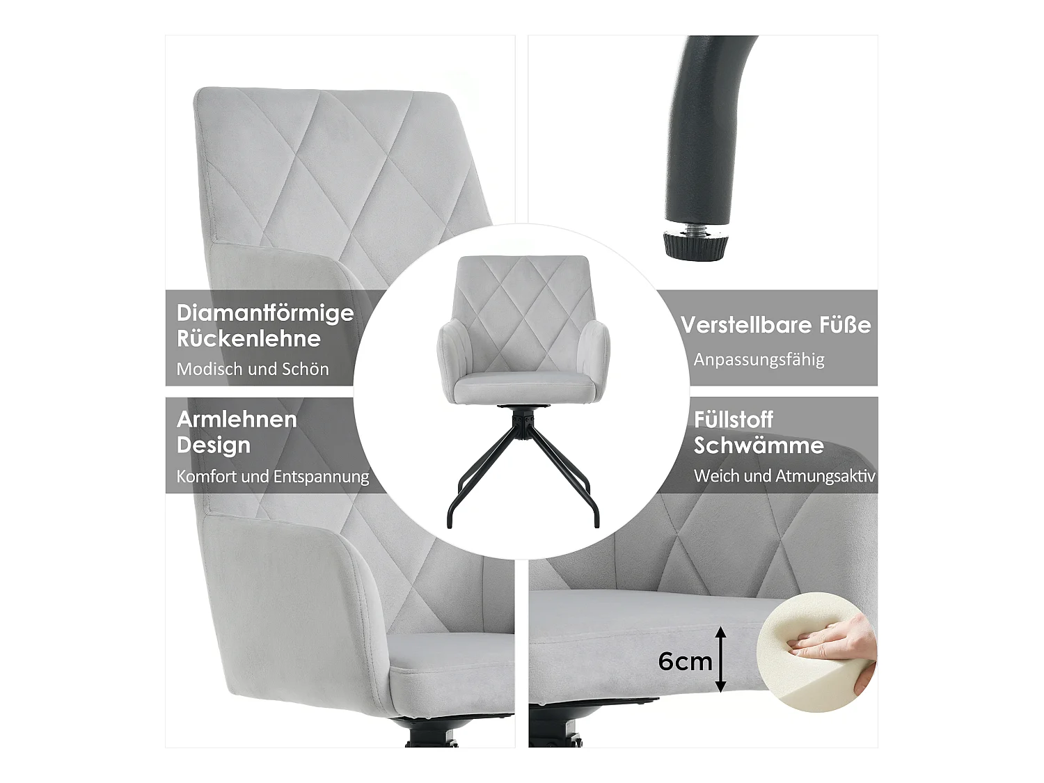 Set van 6 360° fluwelen draaistoelen - 85 x 60 x 46 cm - Gestoffeerde fauteuil met 4 metalen poten - Grijs