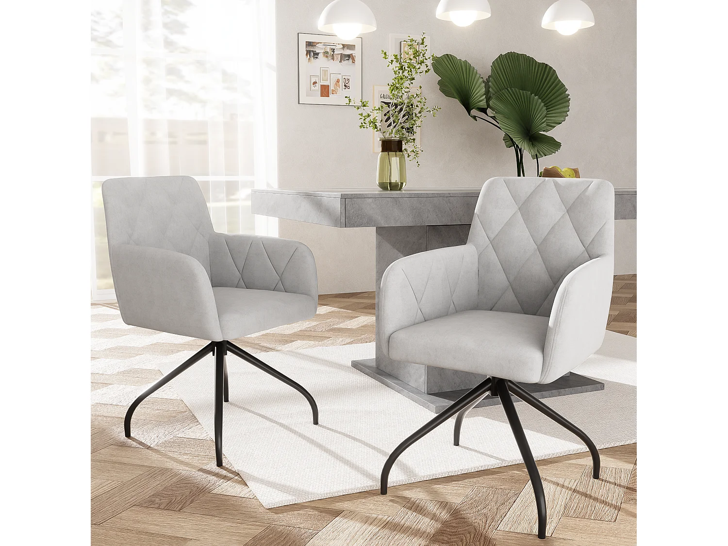 Set van 6 360° fluwelen draaistoelen - 85 x 60 x 46 cm - Gestoffeerde fauteuil met 4 metalen poten - Grijs