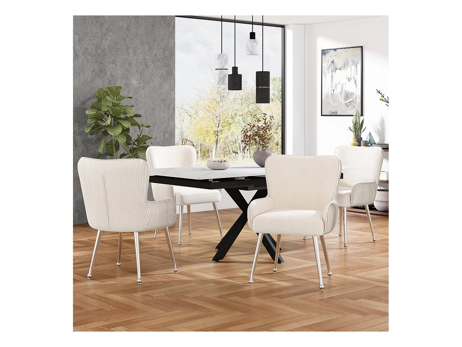 4er-Set Samtstühle - 83 x 53 x 57 cm - Vier silberne Metallbeine - mit Armlehnen und verstellbaren Füßen - Beige