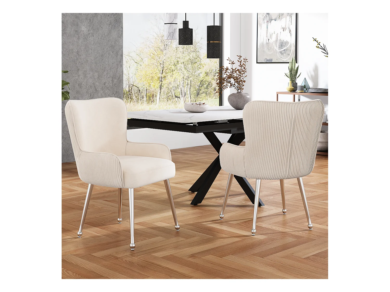 Lot de 2 Chaises en velours - 83 x 53 x 57 cm - quatre pieds en métal argenté -avec accoudoirs et pieds réglables - beige