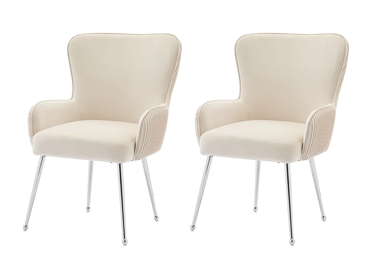 Lot de 2 Chaises en velours - 83 x 53 x 57 cm - quatre pieds en métal argenté -avec accoudoirs et pieds réglables - beige