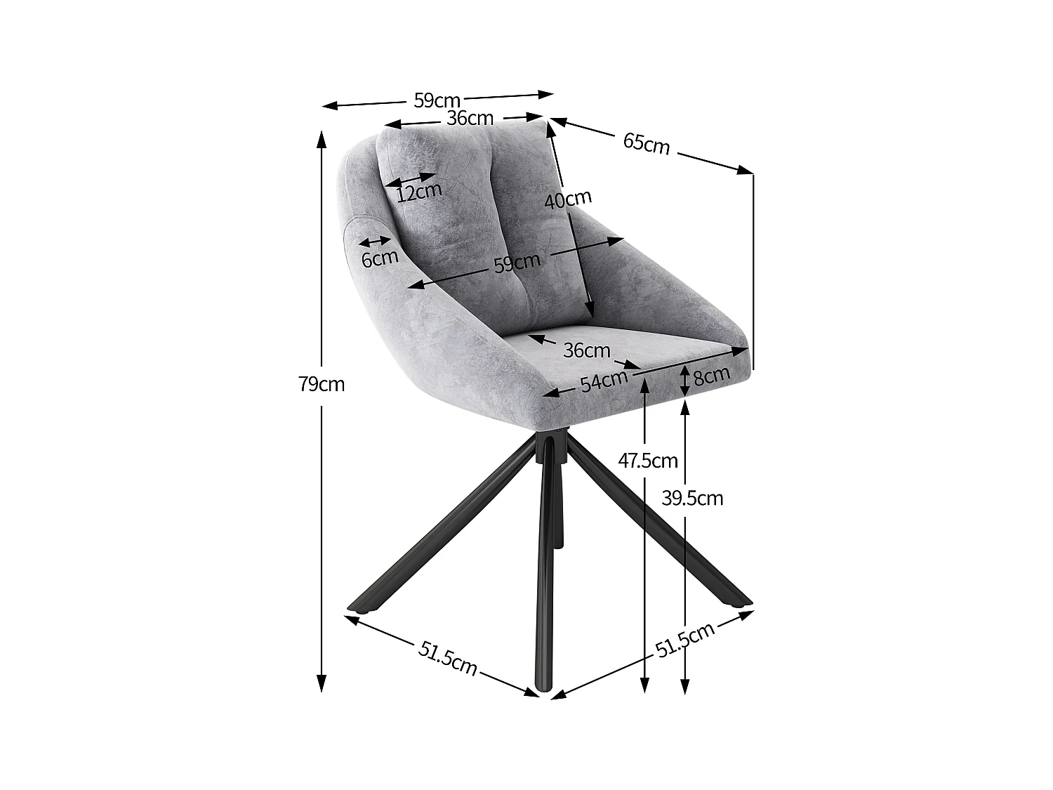 Set van 2 fluwelen eetkamerstoelen - 79 x 51,5 x 51,5 cm - Elegante en comfortabele draaistoel - met kussens - Grijs