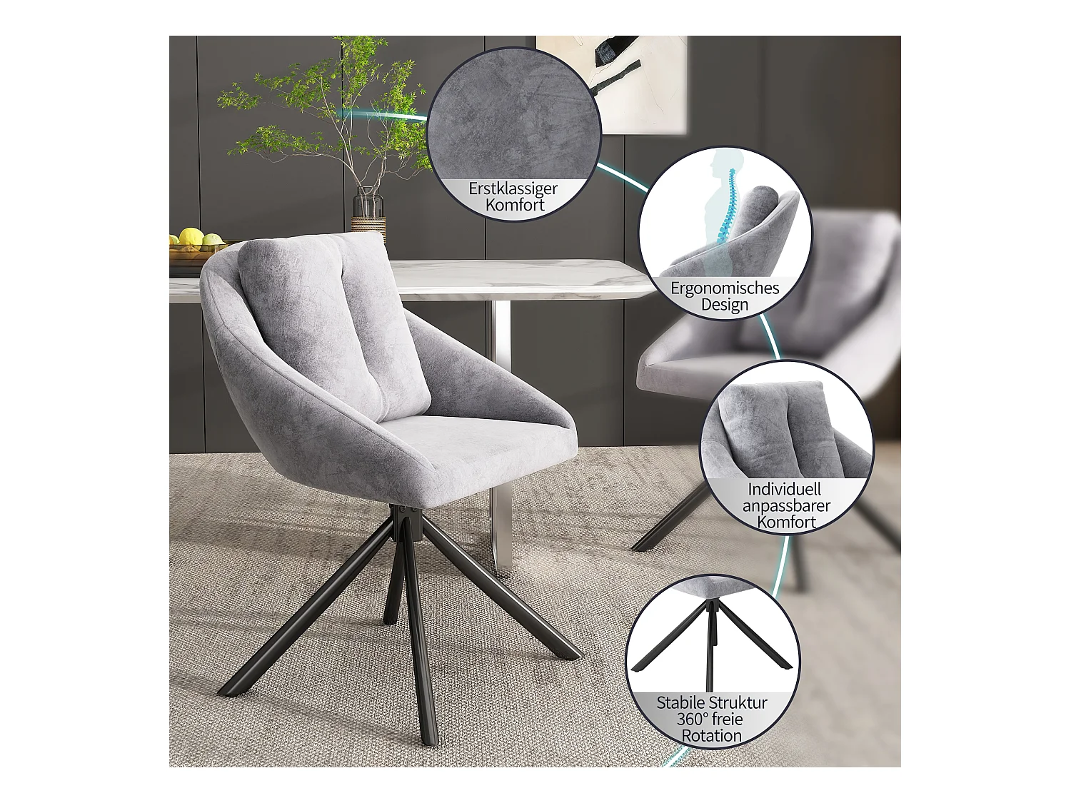 Set van 2 fluwelen eetkamerstoelen - 79 x 51,5 x 51,5 cm - Elegante en comfortabele draaistoel - met kussens - Grijs