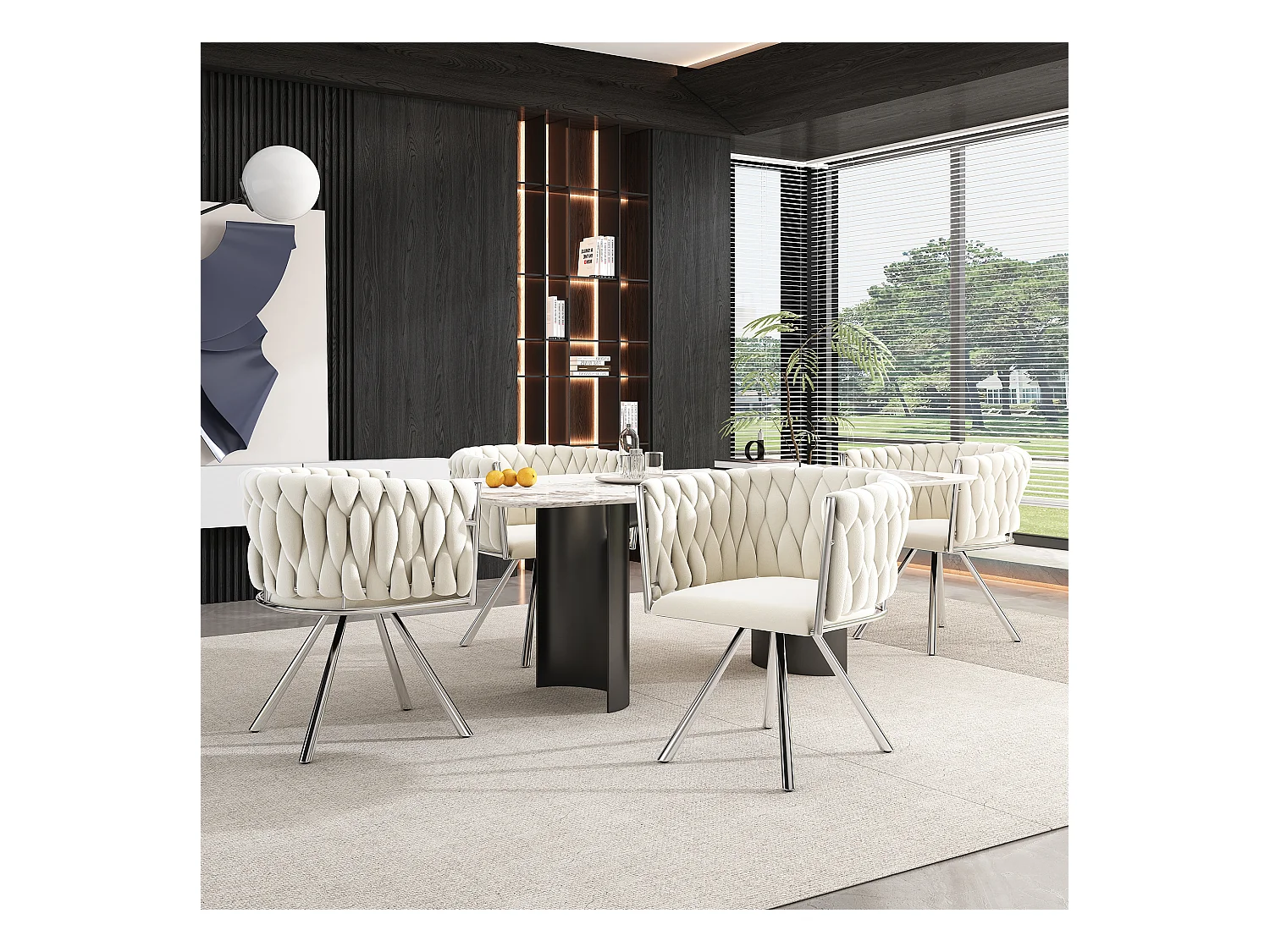 Conjunto de 6 cadeiras giratórias de veludo - 72 x 44 x 59 cm - Sala de estar e quarto - Quatro pernas de metal prateado - Bege