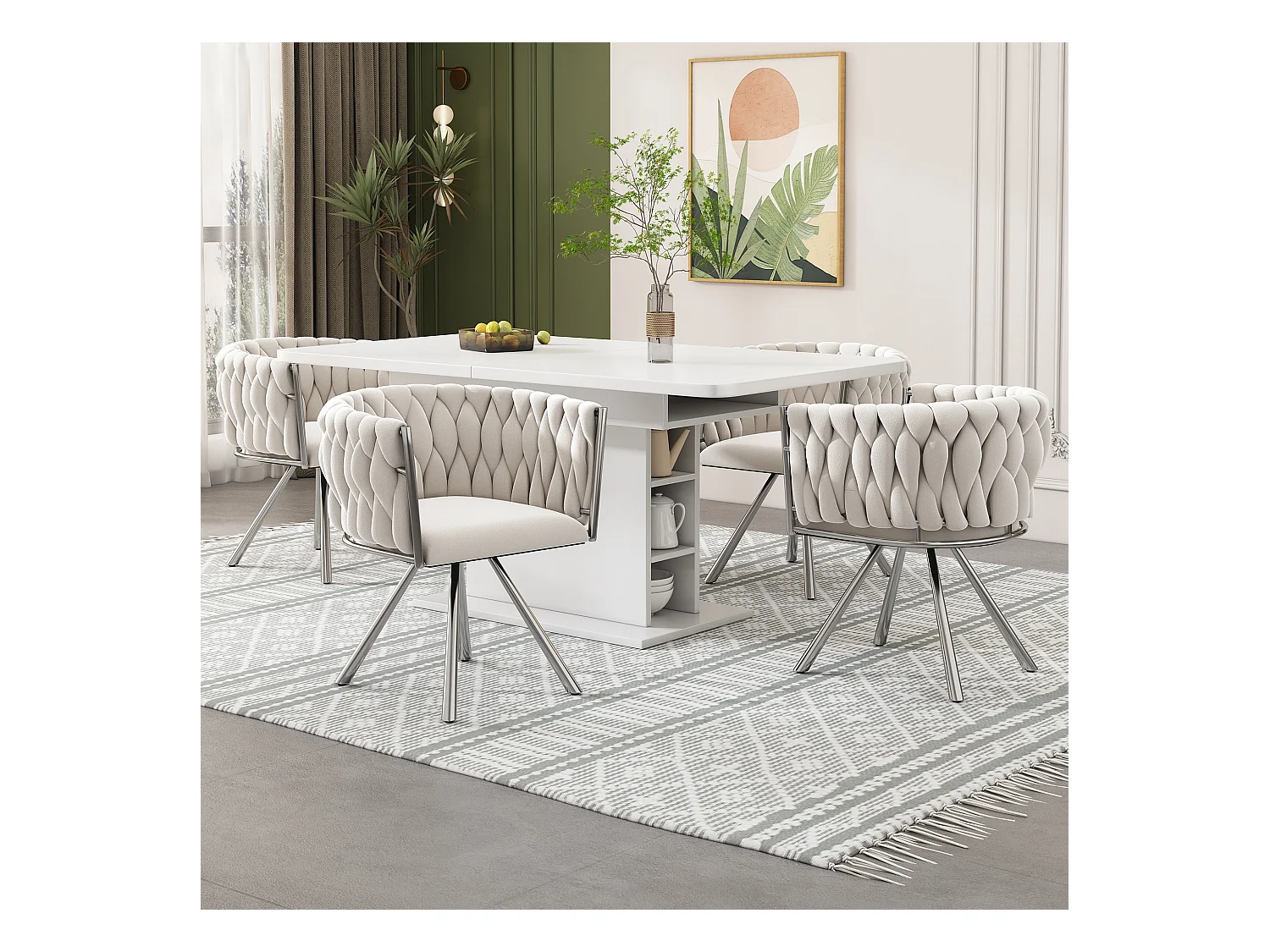 4er-Set Drehstühle aus Samt – 72 x 44 x 59 cm – Wohnzimmer & Schlafzimmer – Vier silberne Metallbeine – Beige