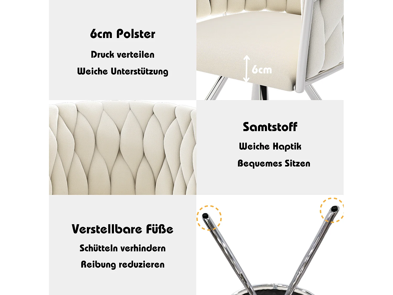 Juego de 4 sillas giratorias de terciopelo - 72 x 44 x 59 cm - Salón y dormitorio - Cuatro patas de metal plateado - Beige