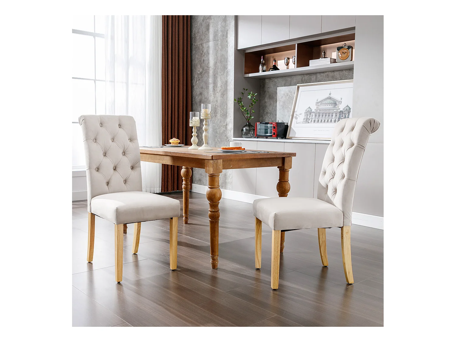 Lot de 4 chaises de salle à manger en velours - 100 x 63 x 45 cm - avec pieds en chêne- pour chambre et salon - beige