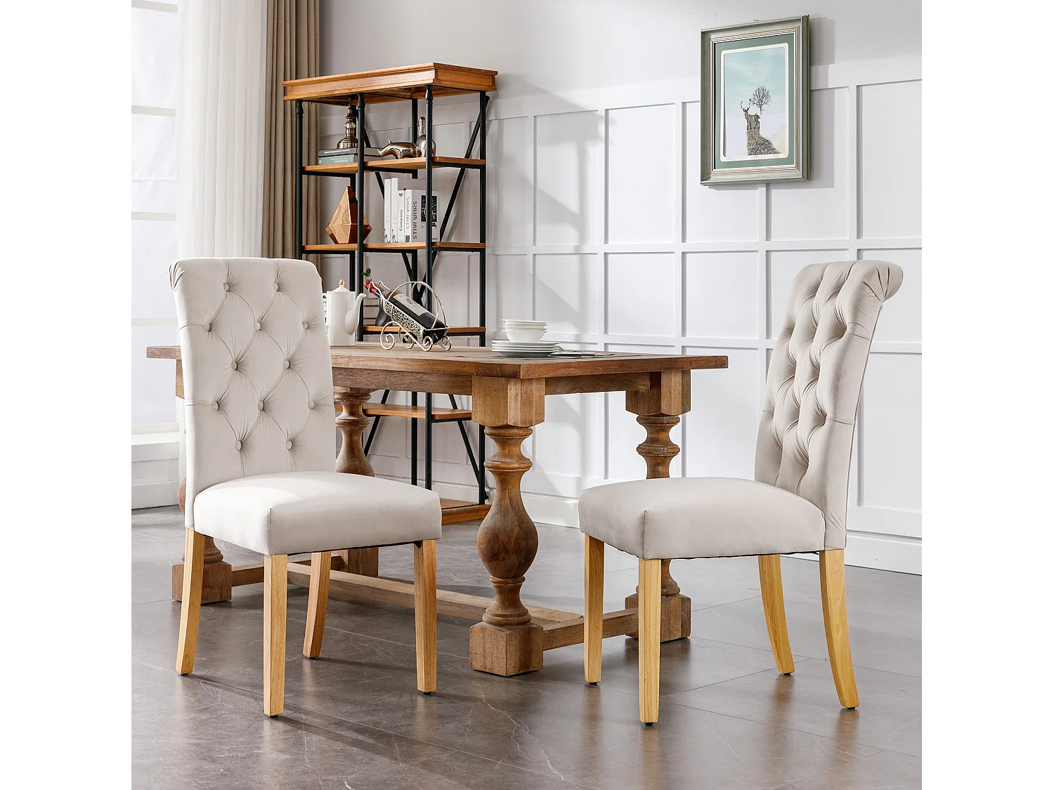 Lot de 4 chaises de salle à manger en velours - 100 x 63 x 45 cm - avec pieds en chêne- pour chambre et salon - beige