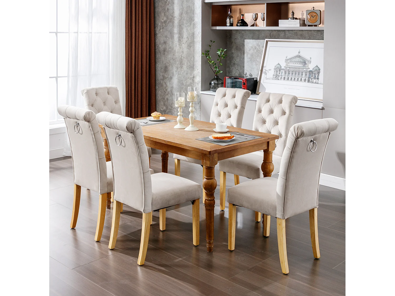 Lot de 4 chaises de salle à manger en velours - 100 x 63 x 45 cm - avec pieds en chêne- pour chambre et salon - beige