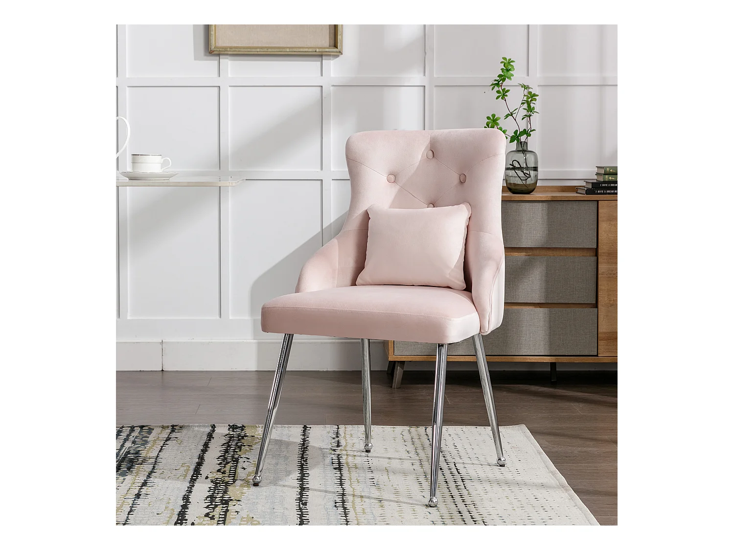 Conjunto de 4 sillas de terciopelo - 87,5 x 58,5 x 54,5 cm - sillón tapizado con cojín lumbar - con patas de metal - rosa