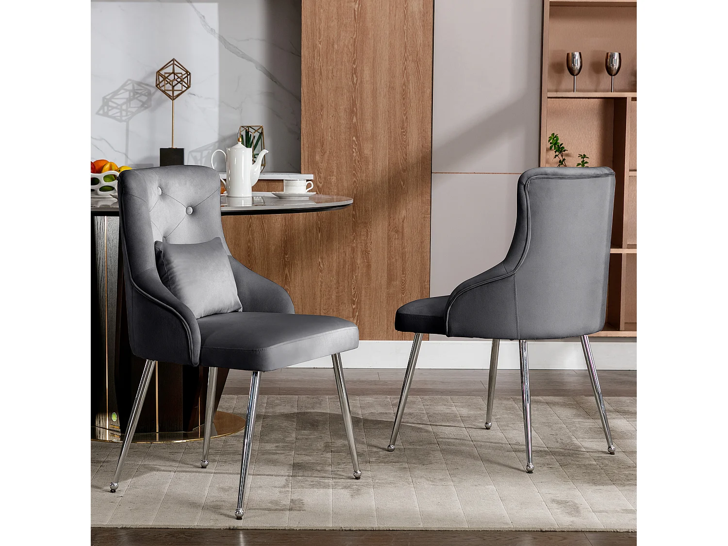 Lot de 2 chaises en velours - 87.5 x 58.5 x 54.5 cm - fauteuil rembourré avec coussin lombaire - avec pieds en métal - gris