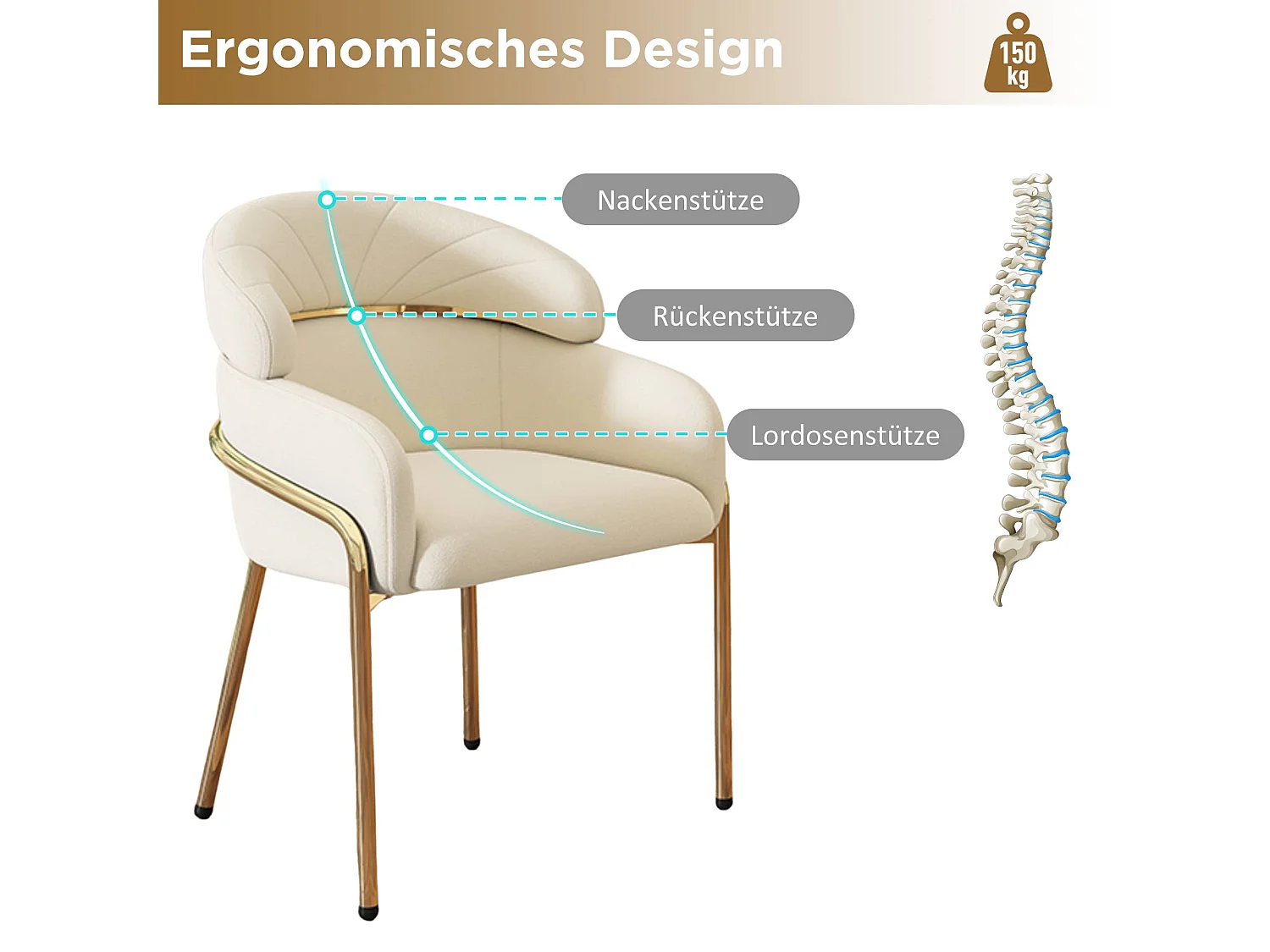 Chaise de salle à manger en velours - 79 x 45 x 53 cm - pour salon et chambre à coucher - quatre pieds en métal - beige