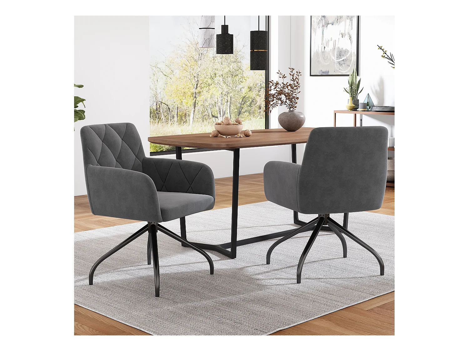 Lot de 2 chaises en velours salle à manger pivotantes à 360° - 85 x 60 x 46 cm - fauteuil rembourré - 4 pieds en métal - noir