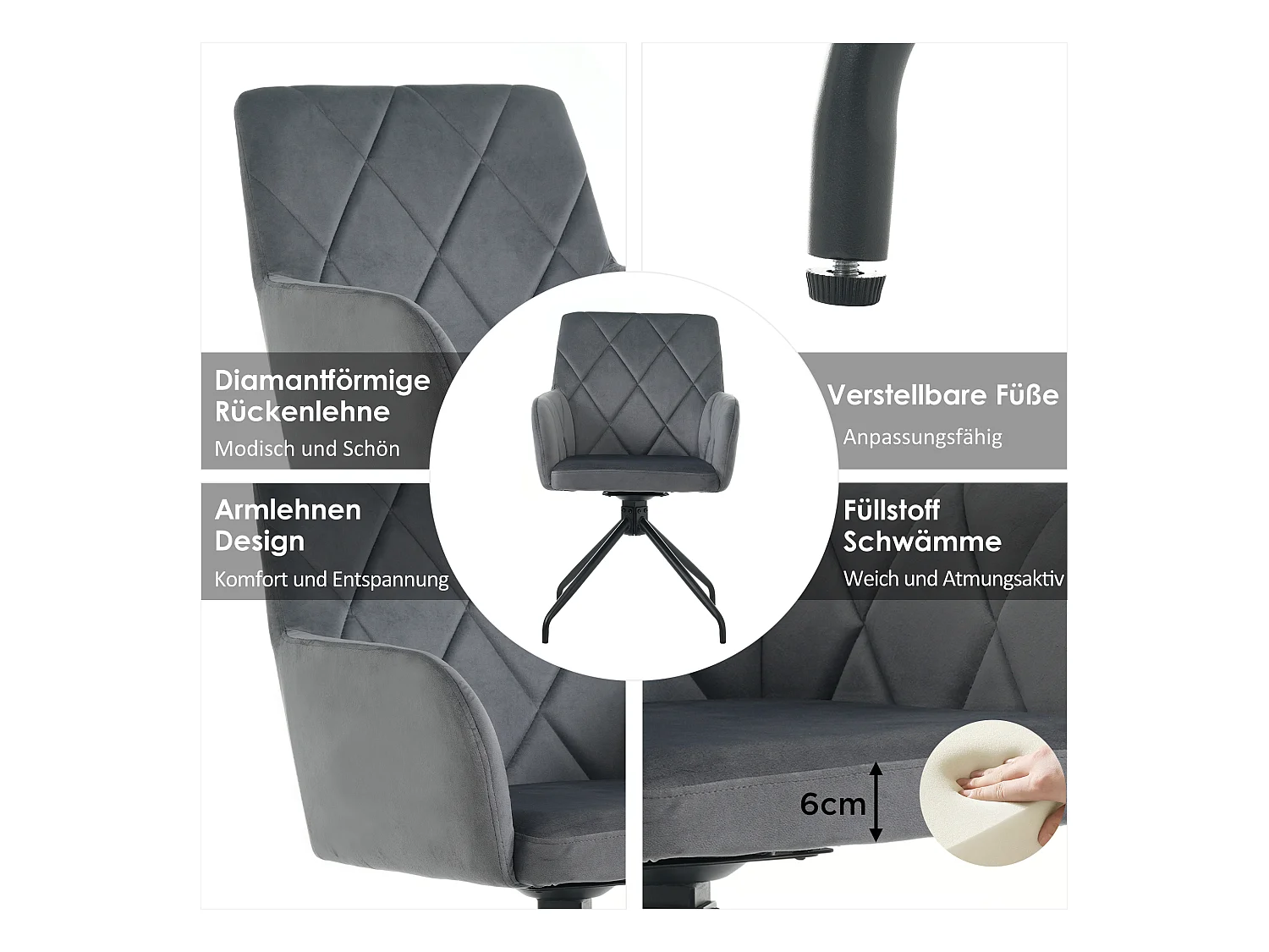 Set van 2 fluwelen eetkamerstoelen met 360° draaibaar - 85 x 60 x 46 cm - gestoffeerde fauteuil - 4 metalen poten - zwart