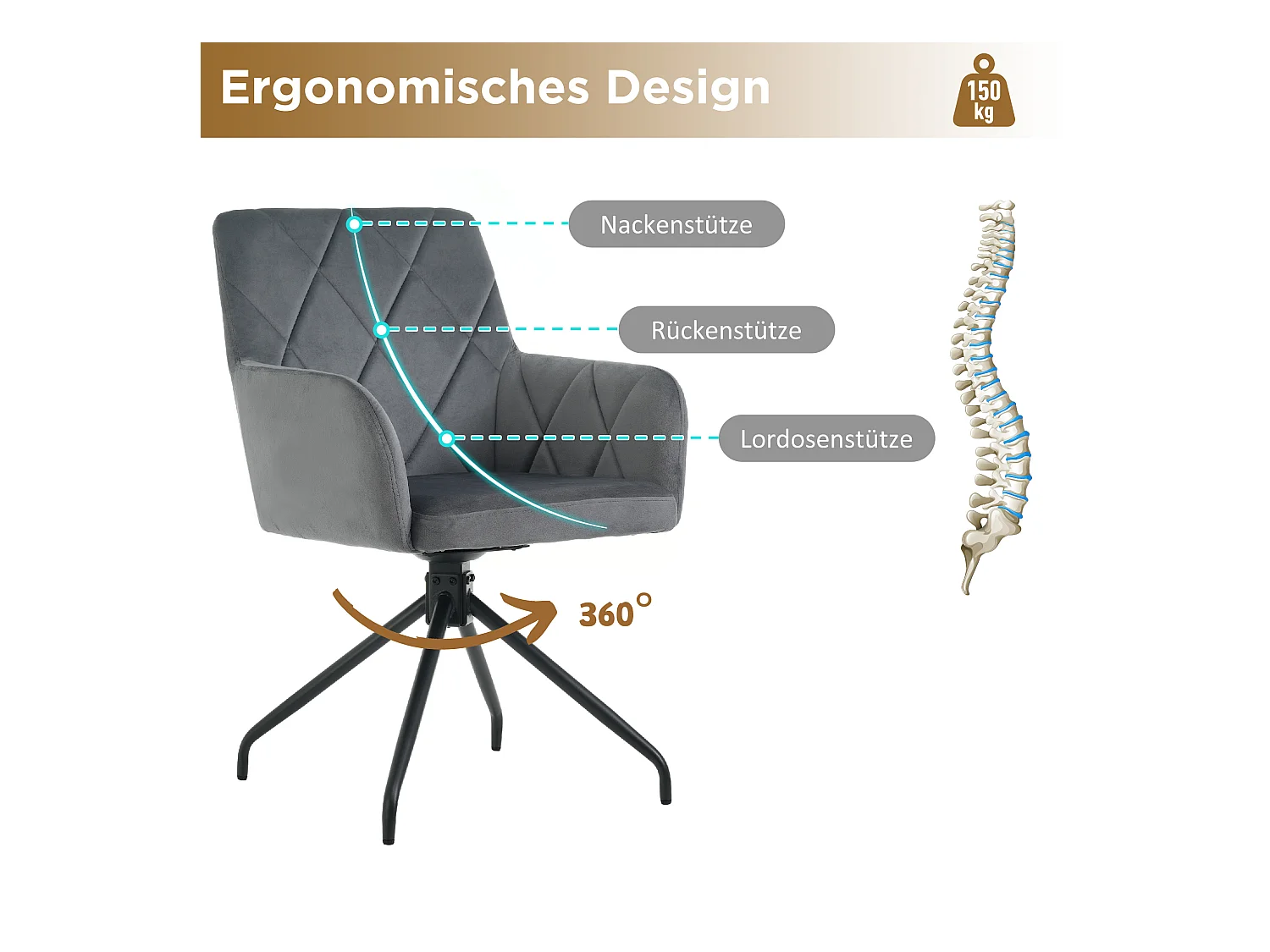 Set van 2 fluwelen eetkamerstoelen met 360° draaibaar - 85 x 60 x 46 cm - gestoffeerde fauteuil - 4 metalen poten - zwart