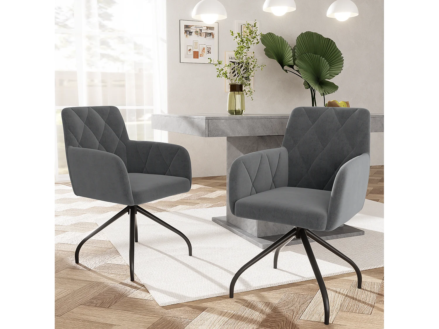 Lot de 2 chaises en velours salle à manger pivotantes à 360° - 85 x 60 x 46 cm - fauteuil rembourré - 4 pieds en métal - noir