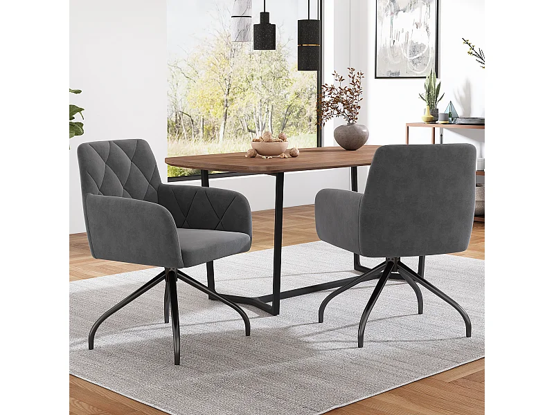 2er Set Esszimmerstühle aus Samt mit 360° Drehfunktion - 85 x 60 x 46 cm - Polstersessel - 4 Metallbeine - Schwarz
