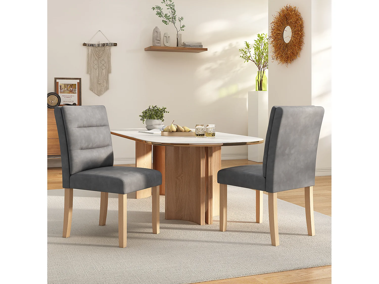 Lot de 2 Chaises de salle à manger familiales - 88 x 59 x 44 cm - avec dossiers en chêne - en PU - gris