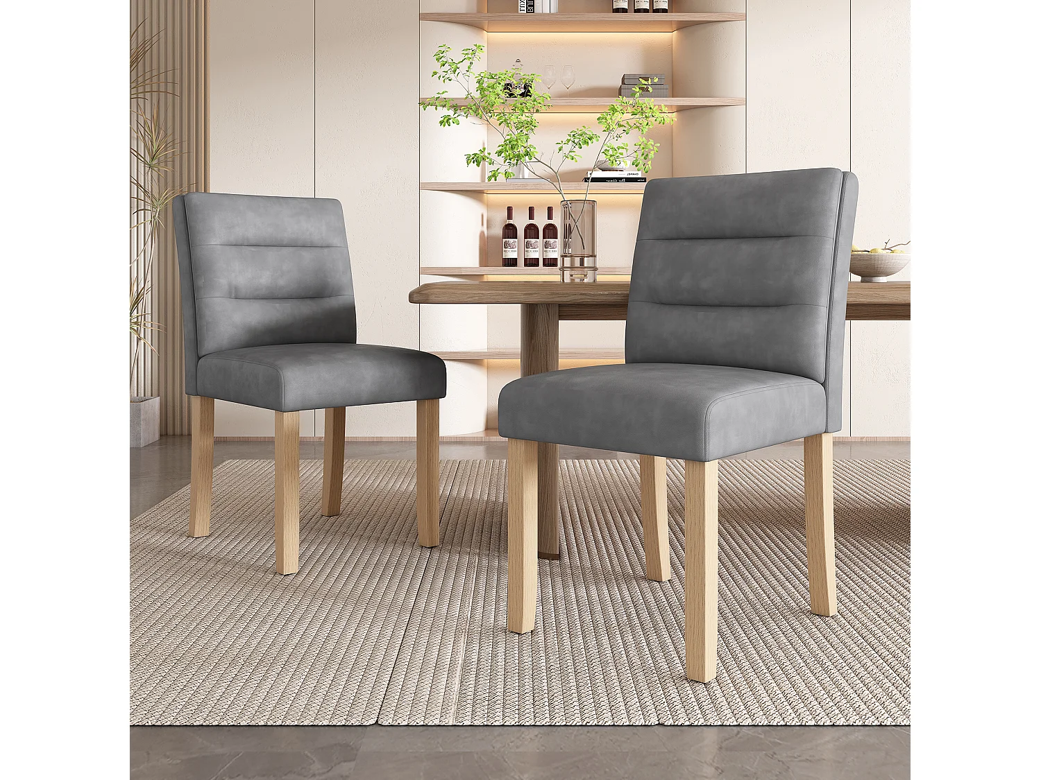 Lot de 2 Chaises de salle à manger familiales - 88 x 59 x 44 cm - avec dossiers en chêne - en PU - gris