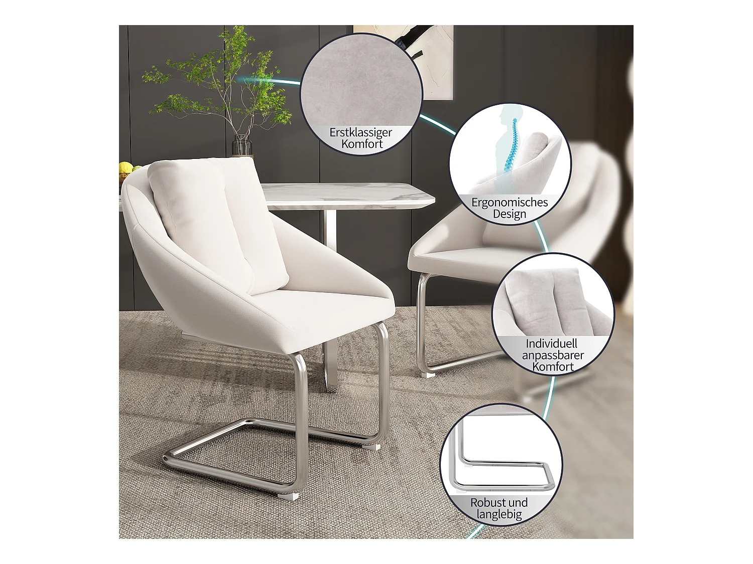 Conjunto de 2 cadeiras de veludo - 82 x 57 x 54 cm - com almofadas - Giratórias de luxo para sala de estar e quarto - Pernas arqueadas - Bege