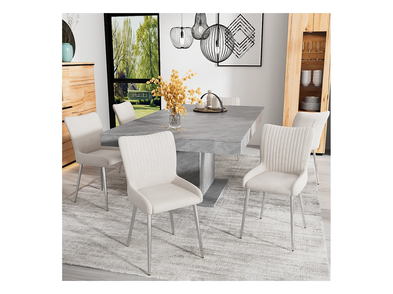 Lot de 6 chaises velours - 85 x 58 x 47 cm - chaise salon de luxe - quatre pieds en métal argenté - beige