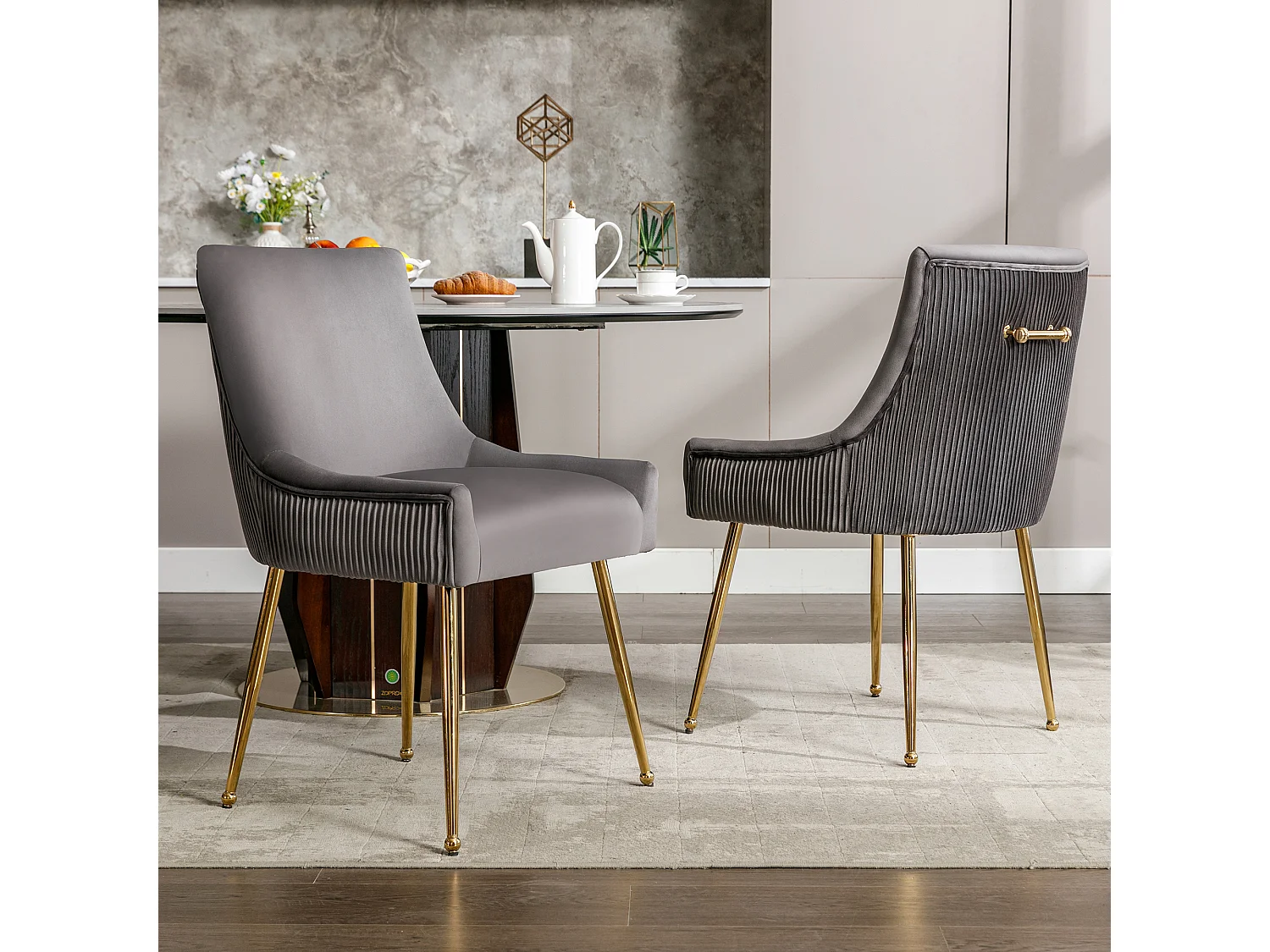 Conjunto de 6 sillas de terciopelo - 86 x 57 x 54 cm - sillón tapizado - patas de metal dorado con asa - gris