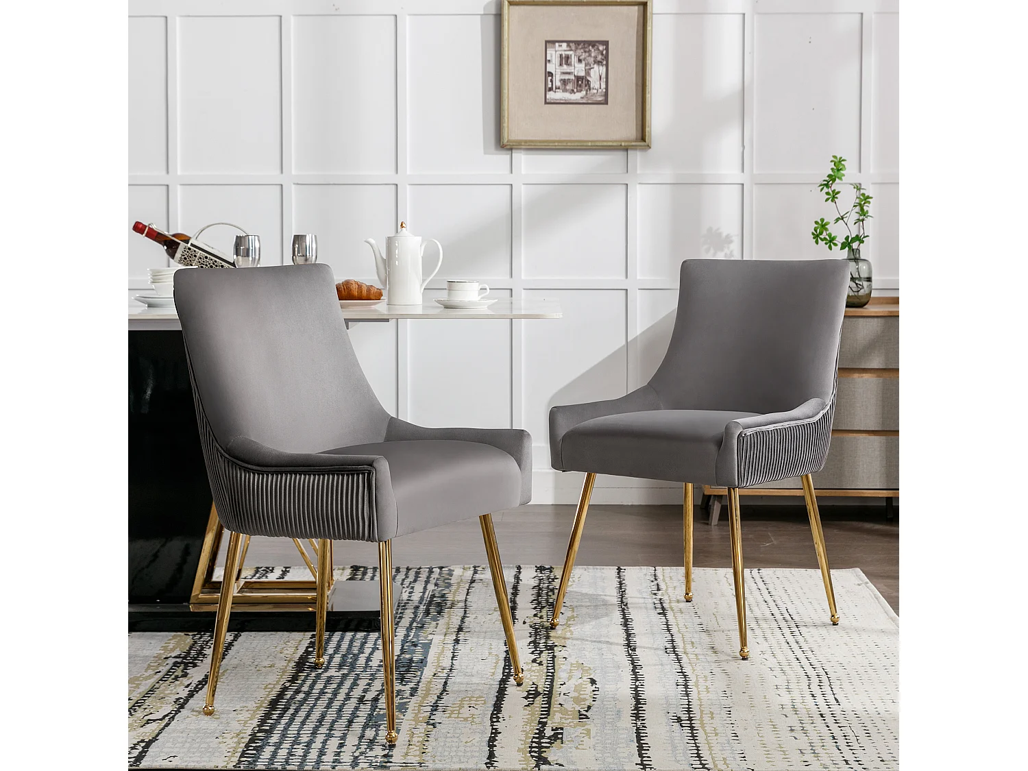 Conjunto de 6 sillas de terciopelo - 86 x 57 x 54 cm - sillón tapizado - patas de metal dorado con asa - gris