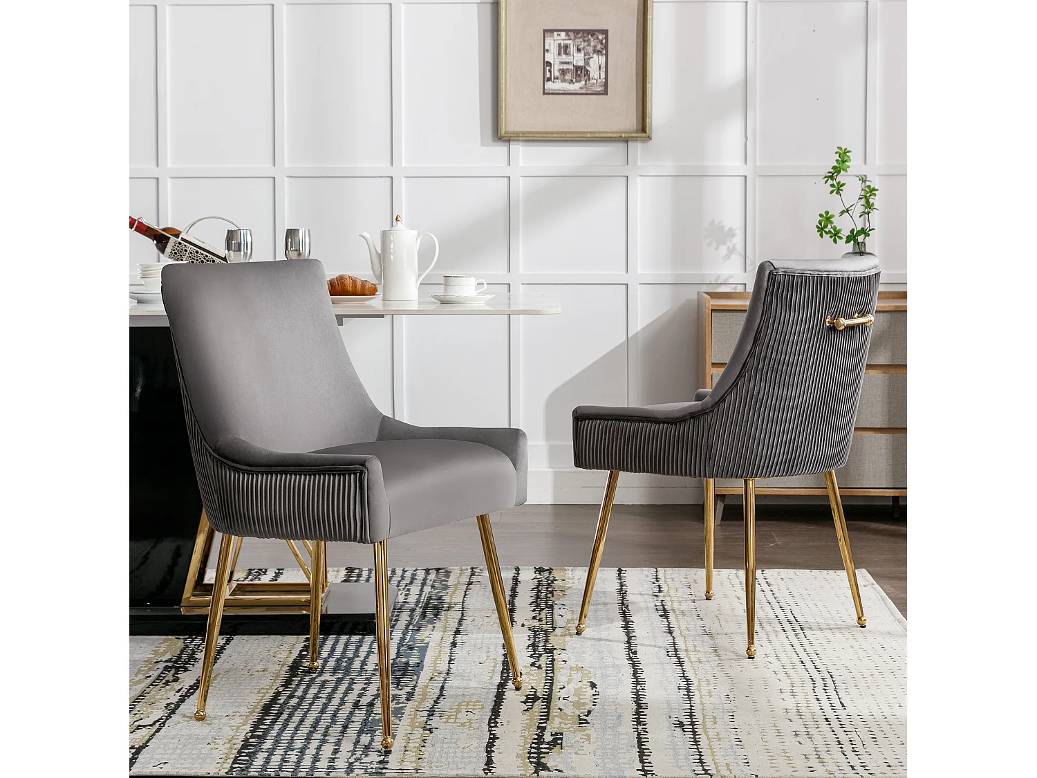 Conjunto de 6 sillas de terciopelo - 86 x 57 x 54 cm - sillón tapizado - patas de metal dorado con asa - gris