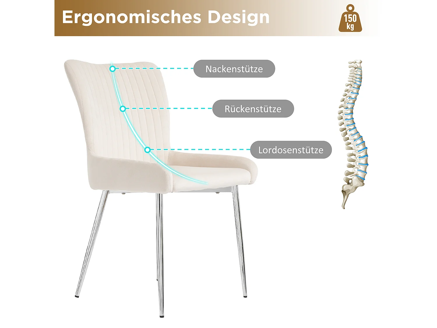 Lot de 2 chaises salle à manger en velours - 85 x 58 x 47 cm - chaise salon de luxe - quatre pieds en métal argenté - beige