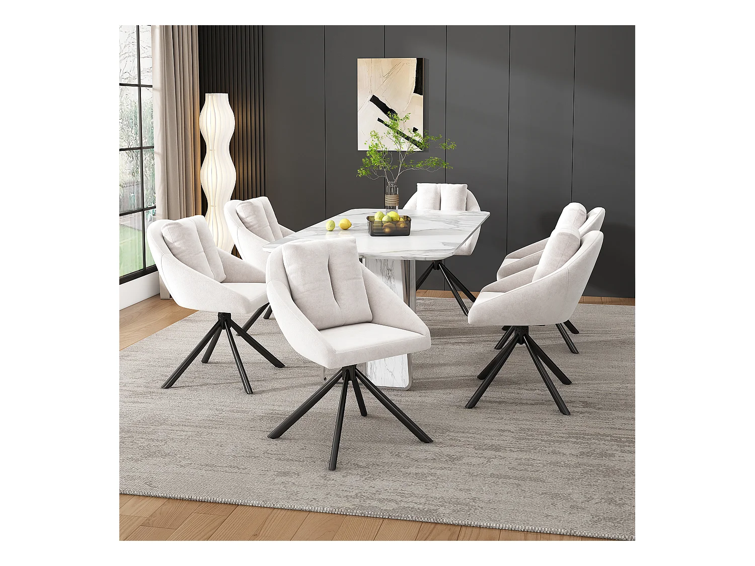 6er-Set Esszimmerstühle aus Samt – 79 x 51,5 x 51,5 cm – Eleganter und bequemer Drehstuhl – mit Kissen – Beige