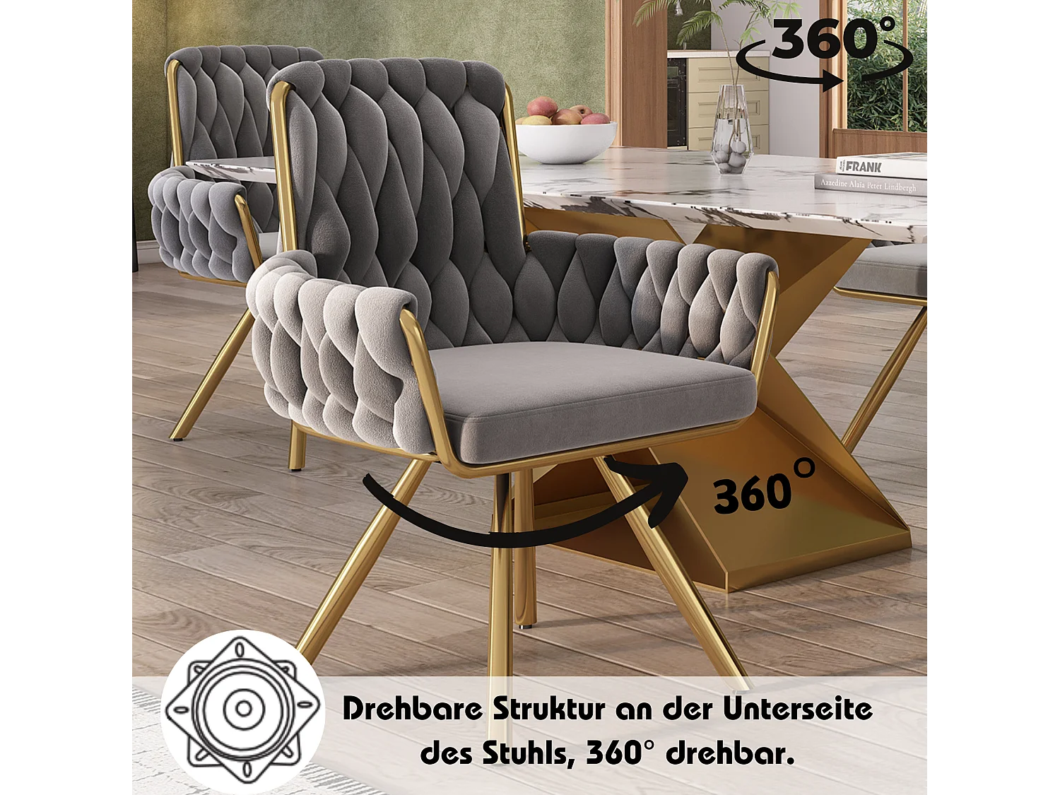 Juego de 2 sillas giratorias de terciopelo - 87 x 50 x 55 cm - Sillón con cuatro patas de metal - Gris