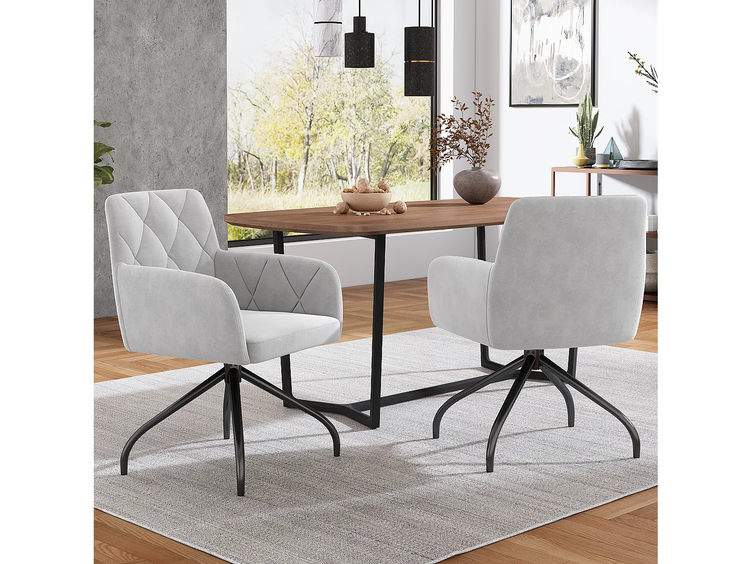 Set di 2 sedie da pranzo in velluto con rotazione a 360° - 85 x 60 x 46 cm - poltrona imbottita - 4 gambe in metallo - grigio