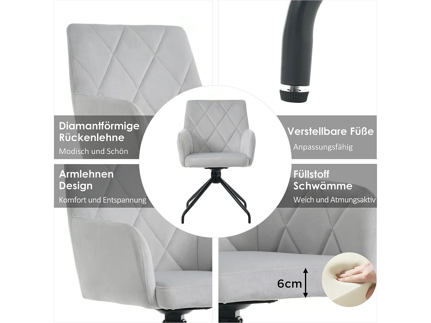 Set di 2 sedie da pranzo in velluto con rotazione a 360° - 85 x 60 x 46 cm - poltrona imbottita - 4 gambe in metallo - grigio