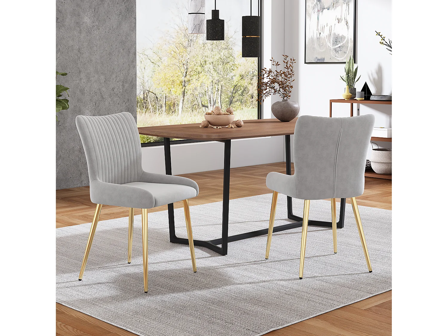 Lot de 2 chaises salle à manger en velours - 85 x 58 x 47 cm - chaise salon de luxe - quatre pieds en métal doré - gris