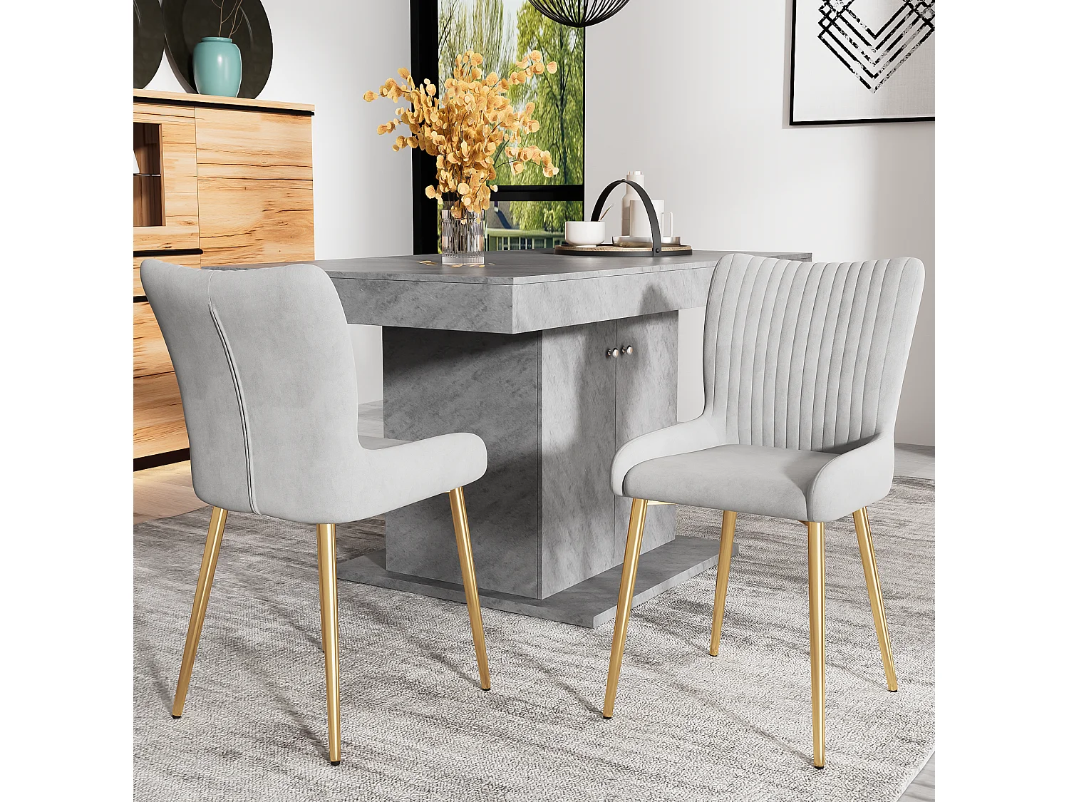 Lot de 2 chaises salle à manger en velours - 85 x 58 x 47 cm - chaise salon de luxe - quatre pieds en métal doré - gris