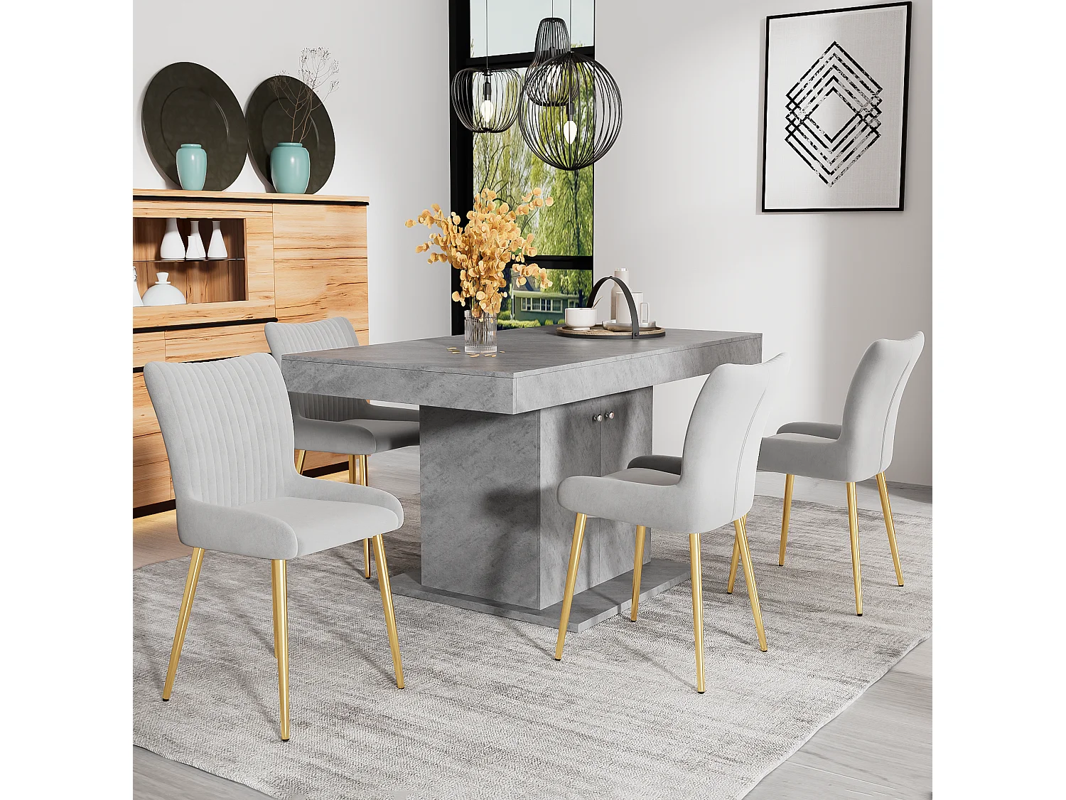 Lot de 2 chaises salle à manger en velours - 85 x 58 x 47 cm - chaise salon de luxe - quatre pieds en métal doré - gris