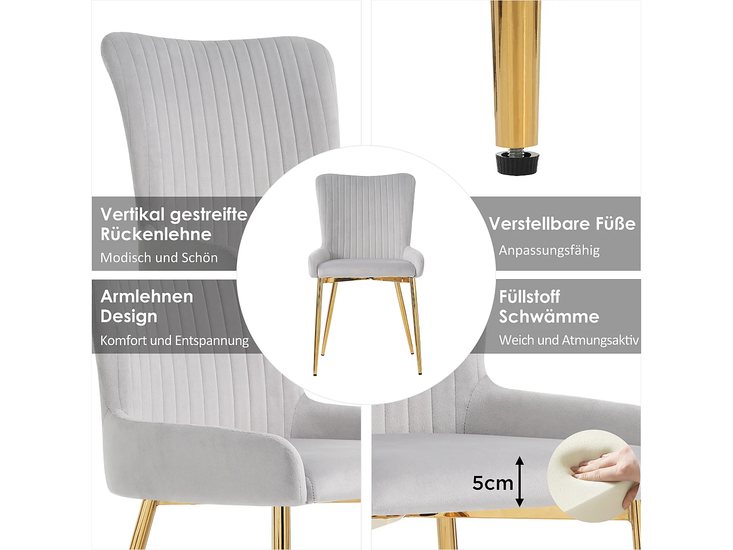 Lot de 2 chaises salle à manger en velours - 85 x 58 x 47 cm - chaise salon de luxe - quatre pieds en métal doré - gris