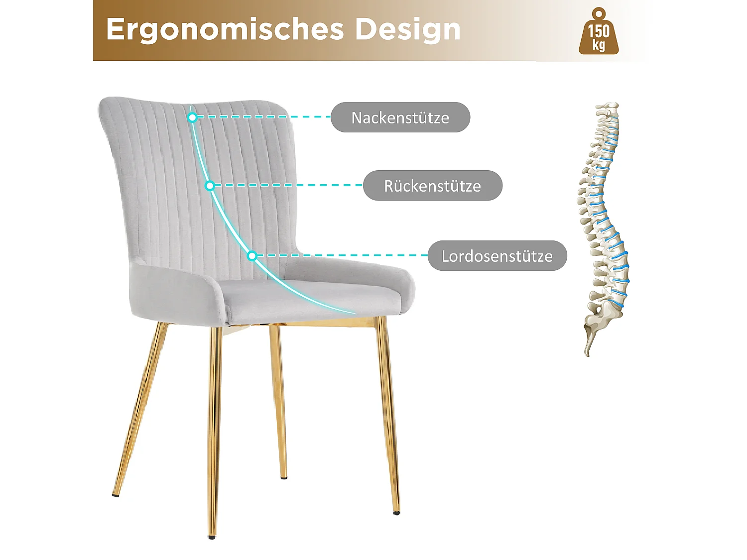 Lot de 2 chaises salle à manger en velours - 85 x 58 x 47 cm - chaise salon de luxe - quatre pieds en métal doré - gris