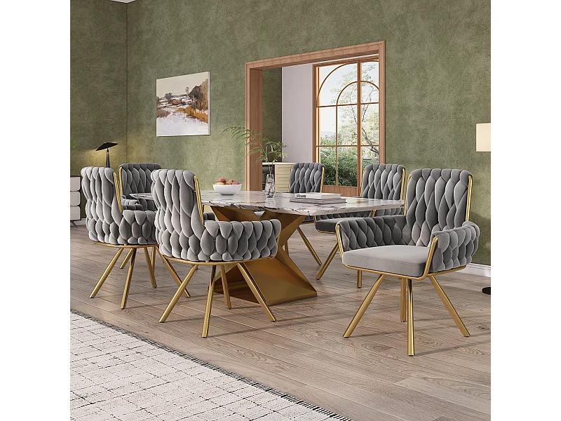 6er Set Samt-Drehstühle - 87 x 50 x 55 cm - Sessel mit vier Metallbeinen - Grau