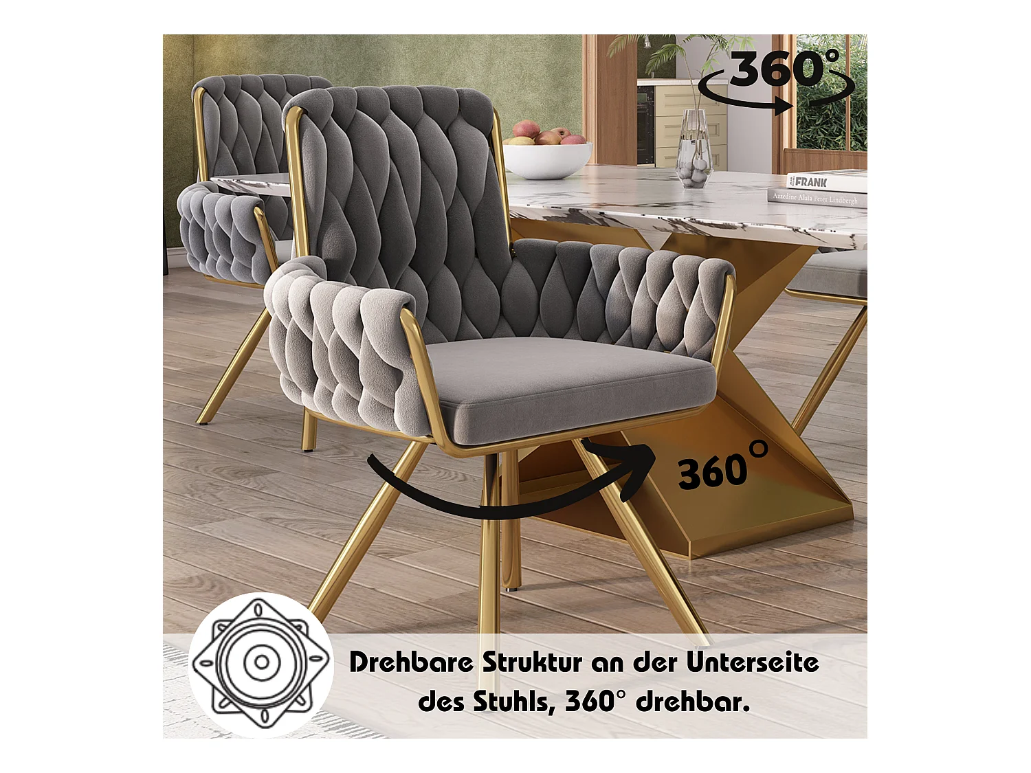 Juego de 6 sillas giratorias de terciopelo - 87 x 50 x 55 cm - Sillón con cuatro patas de metal - Gris