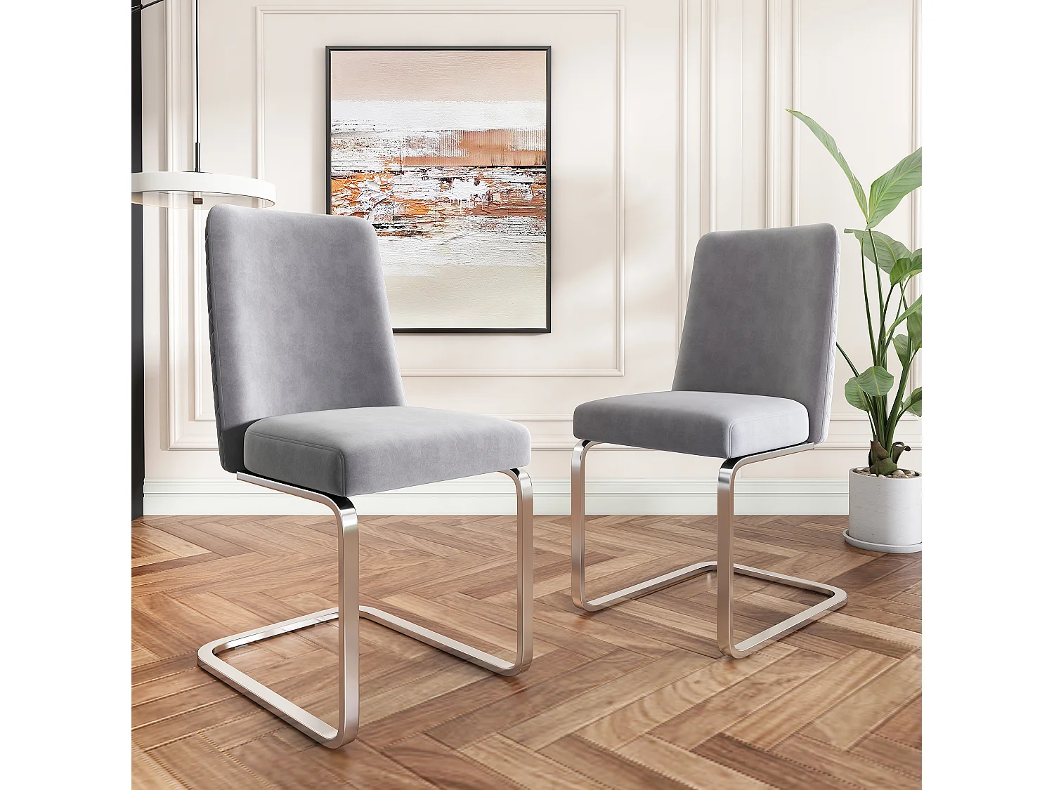 Zestaw 2 luksusowych welurowych foteli wypoczynkowych - 87 x 55 x 42 cm - oparcie w kształcie diamentu - nogi metalowe w kolorze srebrnym - szary