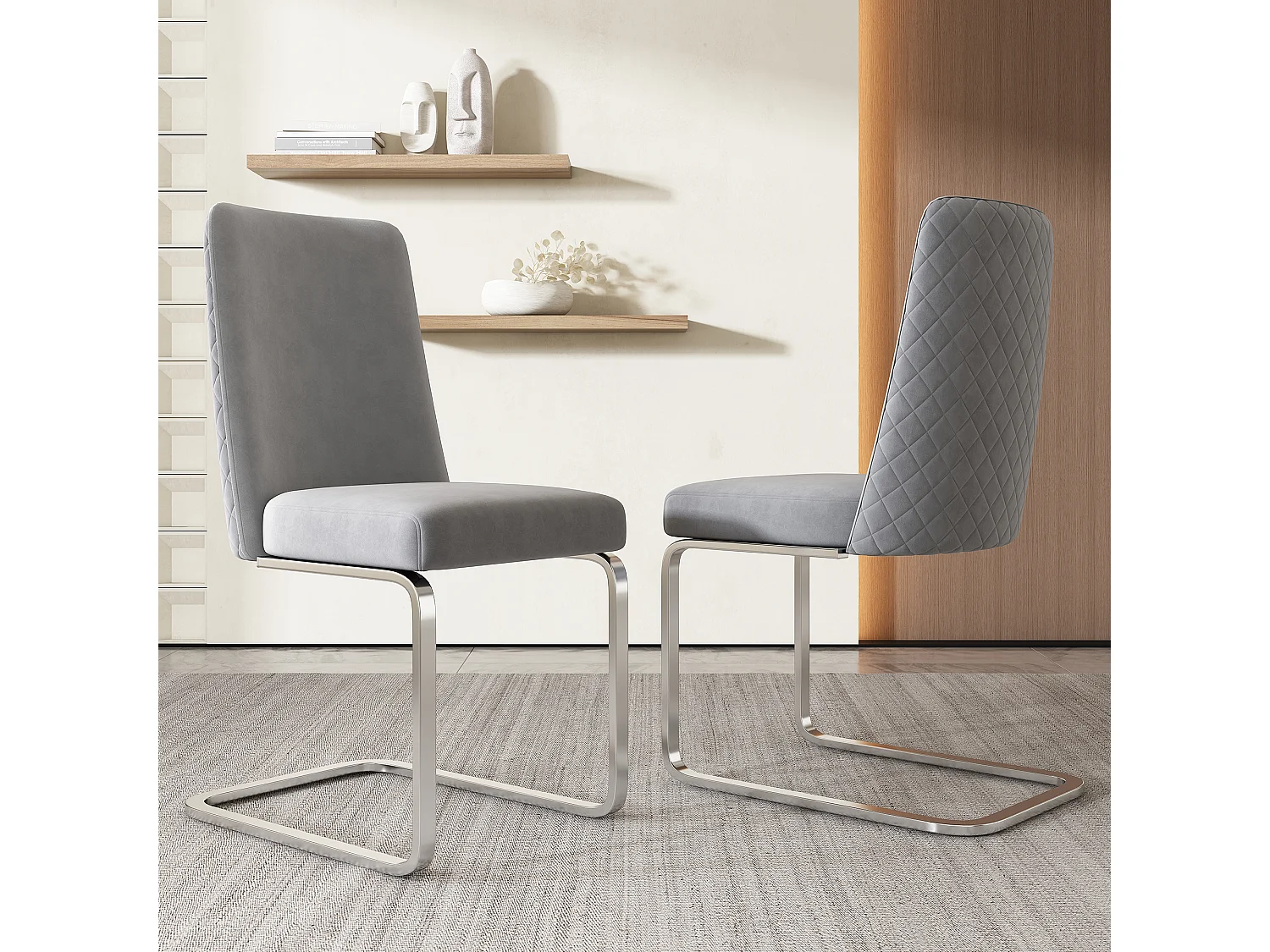 Zestaw 2 luksusowych welurowych foteli wypoczynkowych - 87 x 55 x 42 cm - oparcie w kształcie diamentu - nogi metalowe w kolorze srebrnym - szary