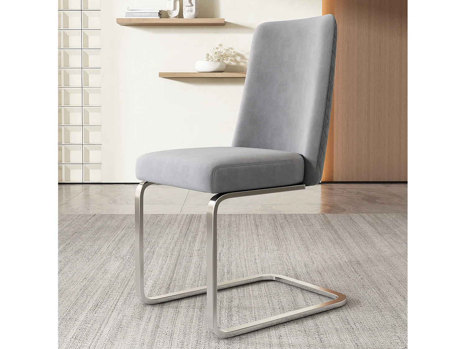 Zestaw 2 luksusowych welurowych foteli wypoczynkowych - 87 x 55 x 42 cm - oparcie w kształcie diamentu - nogi metalowe w kolorze srebrnym - szary